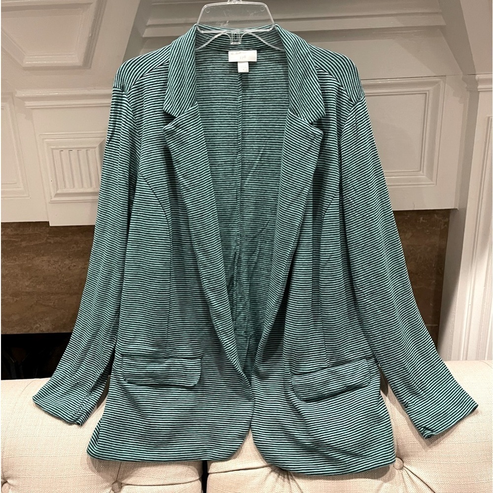 BK: J. Jill Womens Jacket Blazer Size M Navy Blue Green Stripe Linen Blend